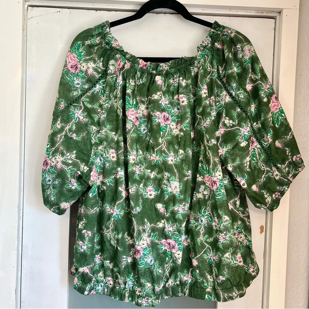 Lane Bryant Women's Plus Size 26/28 Blouse Top Short Sleeve Green Floral Cotton - Picture 7 of 15